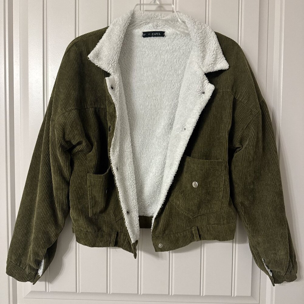 Green Corduroy Cropped Jacket with White Fur Lining